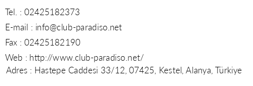 Club Paradiso Hotel & Resort telefon numaralar, faks, e-mail, posta adresi ve iletiim bilgileri